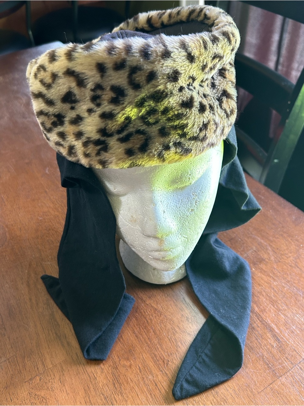 Leopard Print Faux Fur Headband with Black Ties